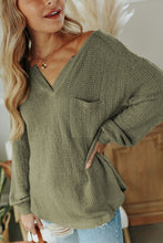 Load image into Gallery viewer, Green Waffle Knit Split Neck Pocketed Loose Top