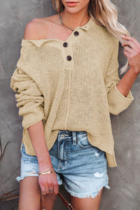Buttoned Side Split Knit Sweater Biege