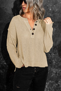 Buttoned Side Split Knit Sweater Biege