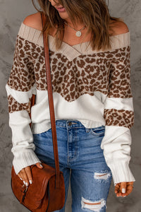 Leopard Splicing Off Shoulder Pullover Sweater