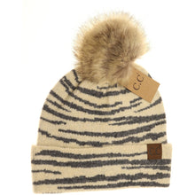 Load image into Gallery viewer, Zebra Pattern Faux Fur Pom Beanie