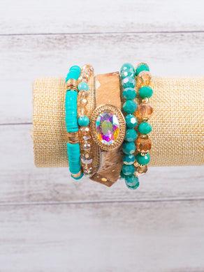 Giddy Up Cowgirl Turquoise Leopard Mix Bracelet Set  02592