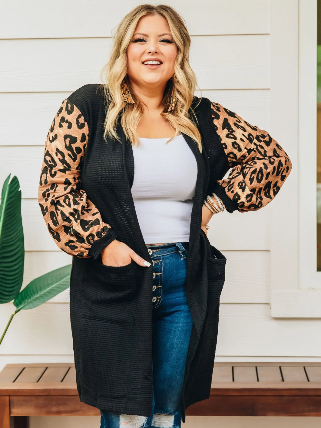 Black Cardigan with Leopard Sleeves