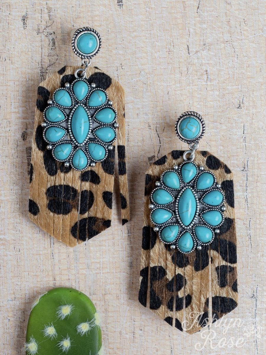BEE IN YOUR BONNET FRINGE EARRINGS WITH STONE FLOWER, TURQUOISE 51187