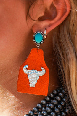 TAKE A NUMBER COWBOY ORANGE COWHIDE COPPER COW SKULL STUD EARRINGS 51429