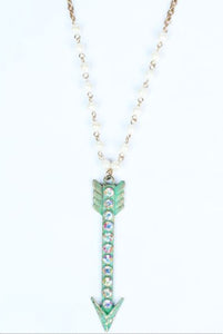 Patina Arrow Necklace with AB Crystals and Pearl Accents, Gold