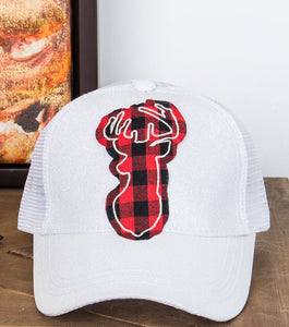 Buffalo Plaid Deer Silhouette Patch on White Glitter High-Ponytail Hat