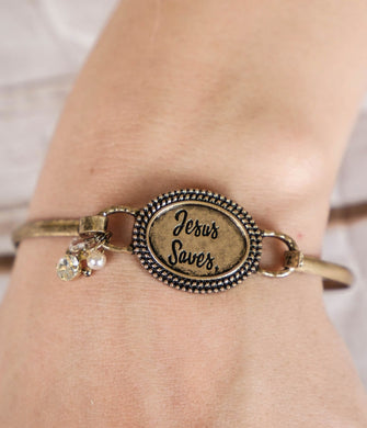 Jesus Saves Pendant on Gold Clasp Bracelet