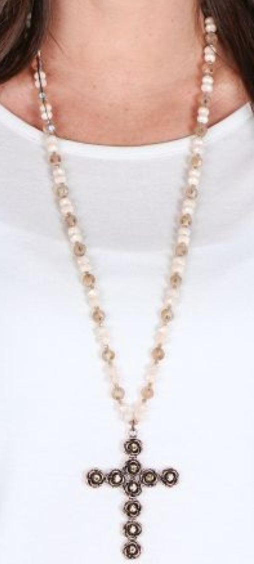 Rose Cross Pendant Necklace with Beige Beaded Accent, Copper