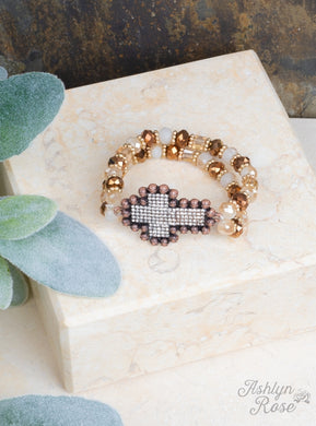 Crystal Cross Pendant on Brown Beaded Stretch Bracelet, Copper
