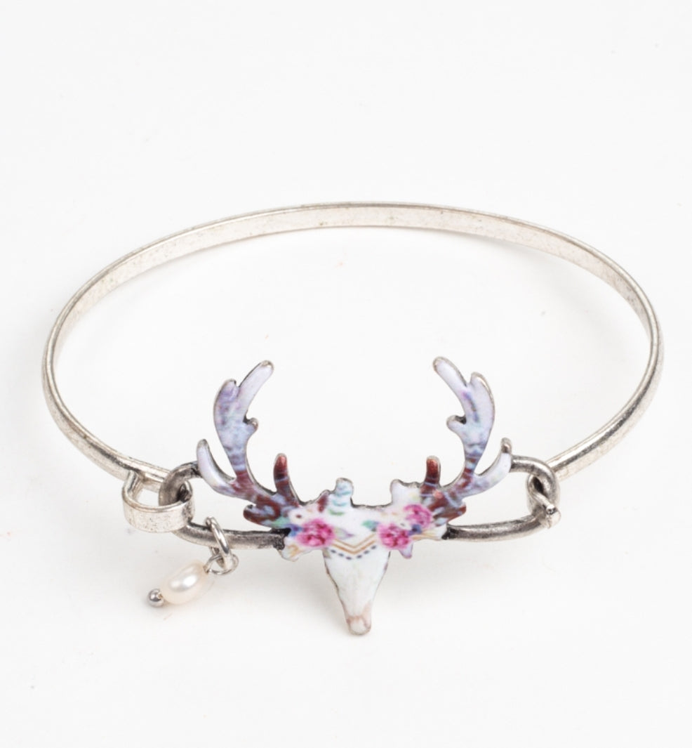 Silver Hook Closure Cuff Bracelet, Floral Deer