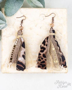 Wild and Glam Single Bead Tassel Earrings, Leopard and Rose Gold