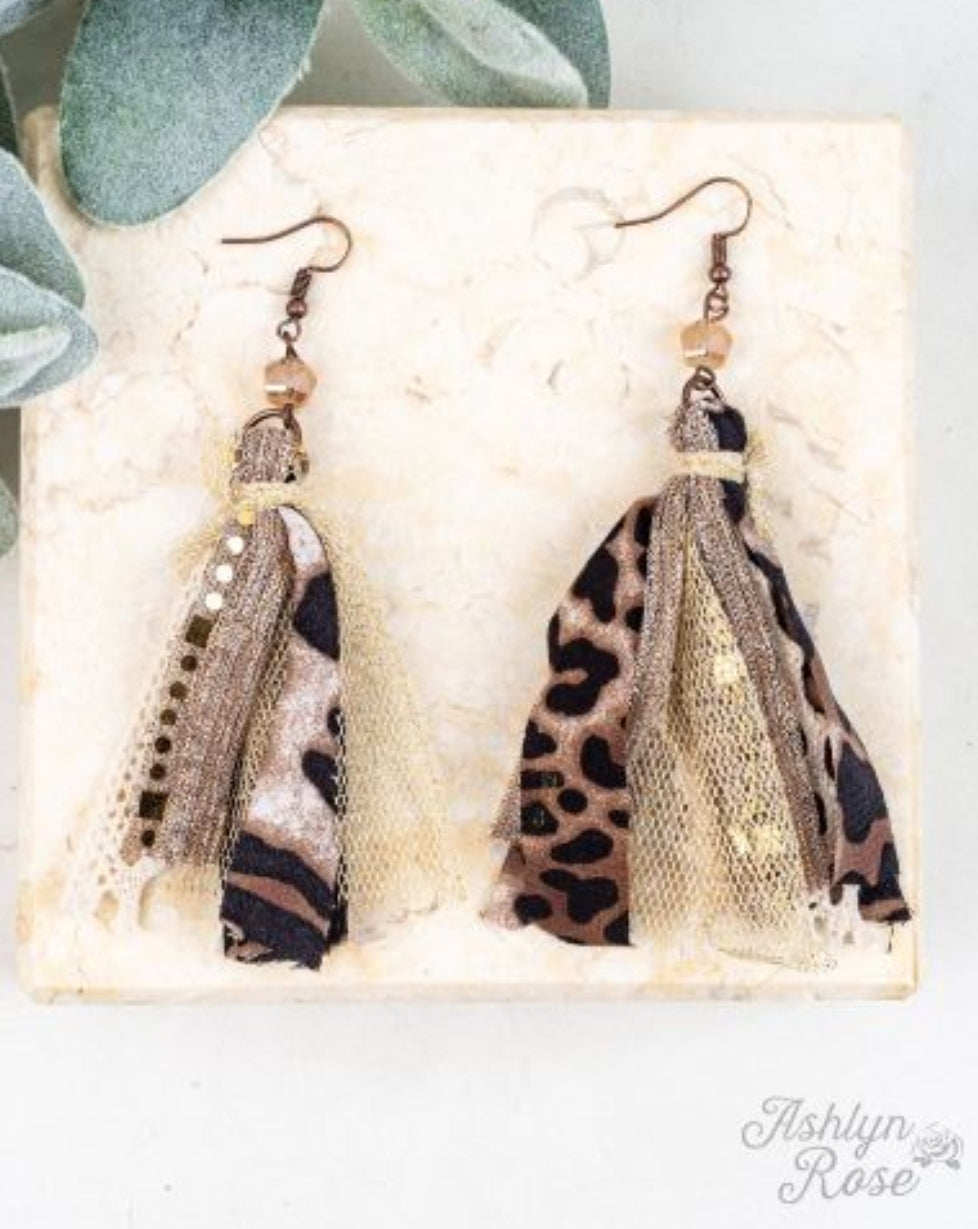 Wild and Glam Single Bead Tassel Earrings, Leopard and Rose Gold