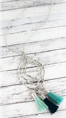 CRAVE SILVERTONE MOROCCAN WITH BLUE TONAL TASSELS PENDANT NECKLACE