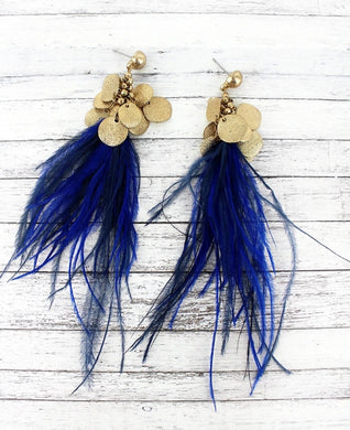 CRAVE GOLDTONE CLUSTER DISK ROYAL BLUE FEATHER TASSEL EARRINGS