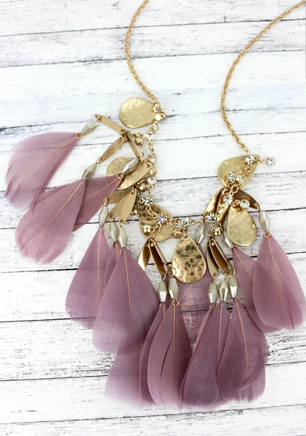 CRAVE GOLDTONE TEARDROP AND LAVENDER FEATHER CHARM NECKLACE