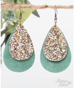 Small Green Leather Teardrop with Gold Glitter Accent, Copper