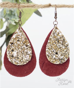 Small Maroon Leather Teardrop with Gold Glitter Accent, Copper