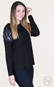 Tori's Split-Hem Blouse with Leopard Accents Black
