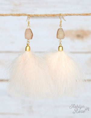 Beige Druzy Stone Feather Tassel Earrings