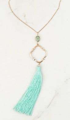 Long Necklace with Mint Stone Accent and Tassel - Gold