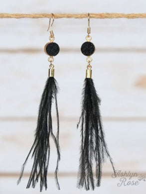 Margot's Circle Druzy Stone Feather Tassel Earrings, Black 01039