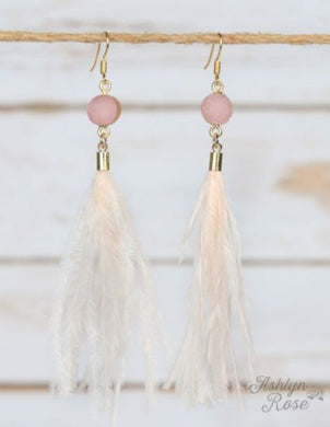 Margot's Circle Druzy Stone Feather Tassel Earrings, Blush 01039