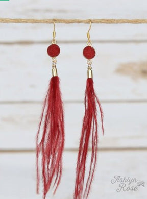 Margot's Circle Druzy Stone Feather Tassel Earrings, Burgundy 01039