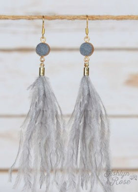 Margot's Circle Druzy Stone Feather Tassel Earrings, Grey 01039