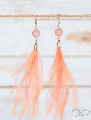 Margot's Circle Druzy Stone Feather Tassel Earrings, Soft Peach 01039
