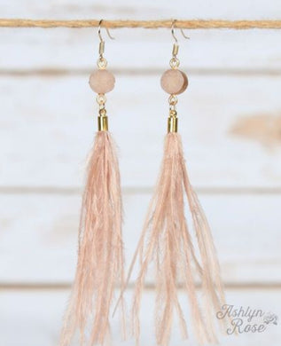 Margot's Circle Druzy Stone Feather Tassel Earrings, Tan 01039