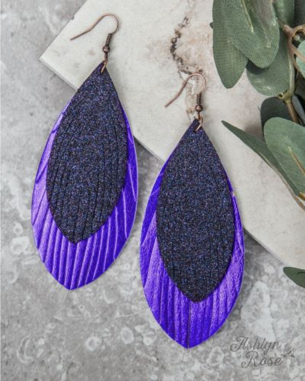 Large Glitter Feather Earrings, Sapphire 01081