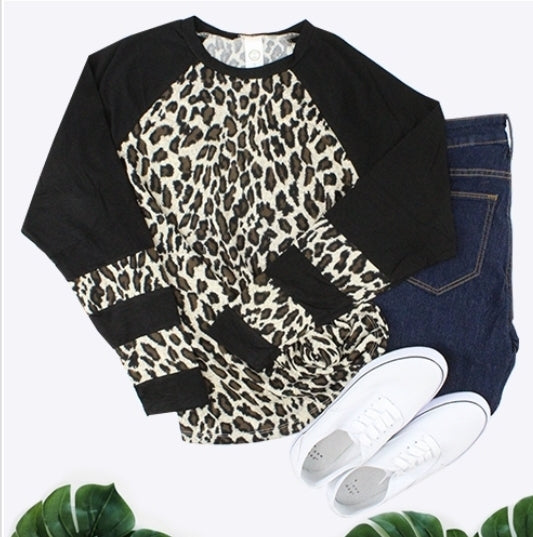 Leopard Top with Striped Sleeves