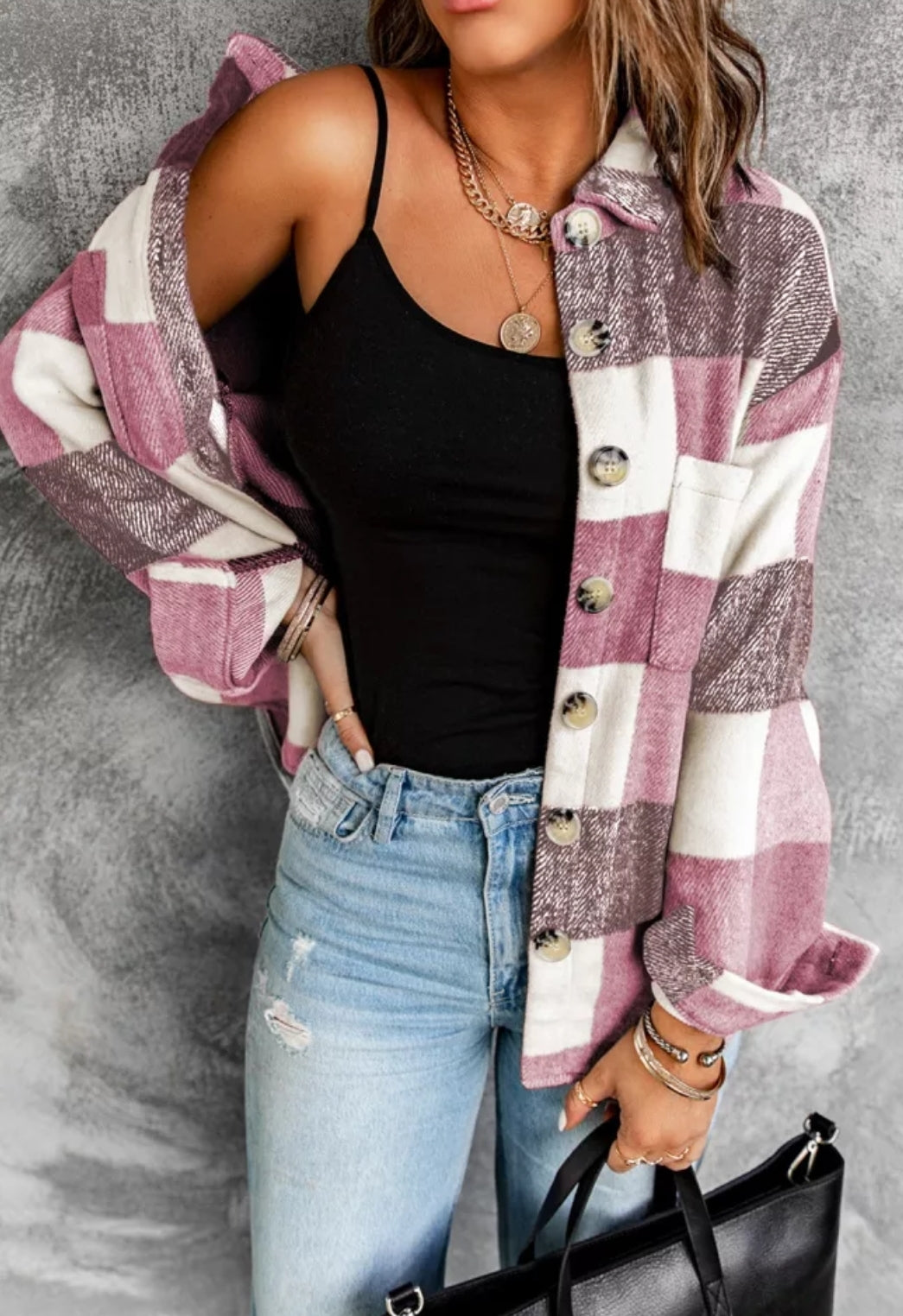 Pink Plaid Color Block Shacket