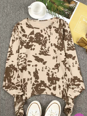 Apricot Cow Print Irregular Hem Long Sleeve Top