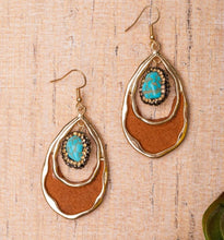 Load image into Gallery viewer, Turquoise Rock Brown LeatherTeardrop Earrings 05170