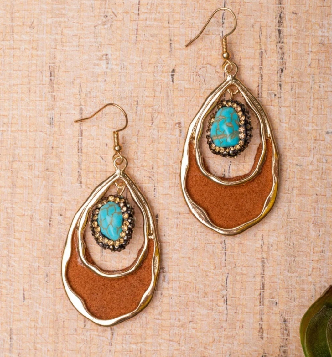 Turquoise Rock Brown LeatherTeardrop Earrings 05170