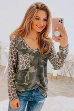 Load image into Gallery viewer, Leopard Camo Splicing Print V Neck Long Sleeve Top
