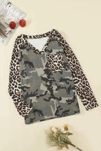 Load image into Gallery viewer, Leopard Camo Splicing Print V Neck Long Sleeve Top